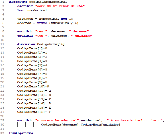 pseudocódigo pasar de decimal a hexadecimal